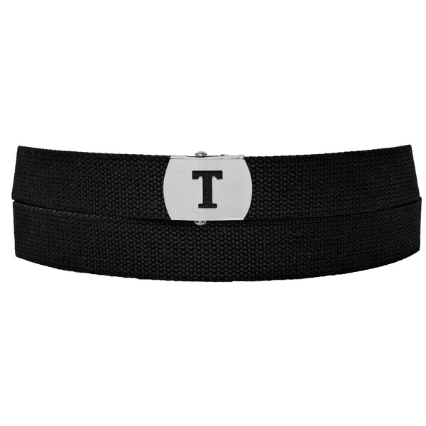 Initial T Buckle Black Adjustable Canvas Web Belt With Metal Buckle 32" to 72"
