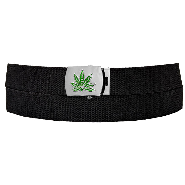 Green Leaf Buckle Black Adjustable Canvas Web Belt With Metal Buckle 32" to 72"