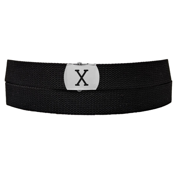 Initial X Buckle Black Adjustable Canvas Web Belt With Metal Buckle 32" to 72"