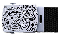 White Paisley Buckle Black Adjustable Canvas Web Belt With Metal Buckle 32" to 72"