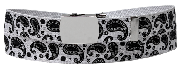 Black Paisley White Adjustable Canvas Web Belt With Metal Buckle 32" to 72"