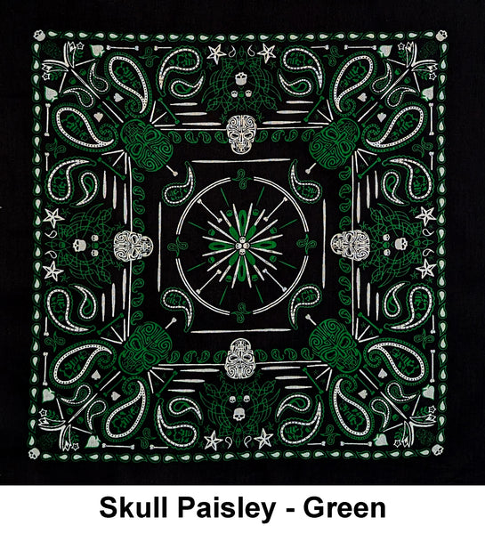 Skull Paisley - Green Design Print Cotton Bandana (22 inches x 22 inches)
