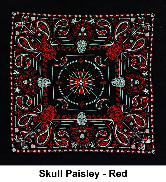 Skull Paisley - Red Design Print Cotton Bandana (22 inches x 22 inches)