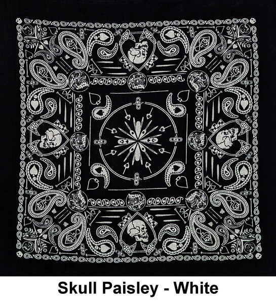 Skull Paisley - White Design Print Cotton Bandana (22 inches x 22 inches)