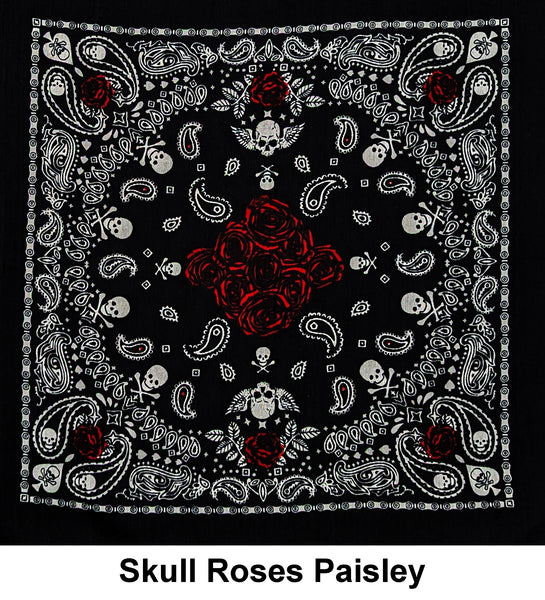 Skull Roses Paisley Design Print Cotton Bandana (22 inches x 22 inches)
