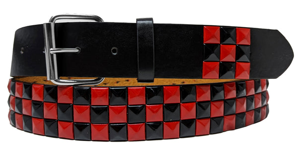 Red Black Metal Rivets Pyramid Studs Black Leather Belt with Belt Buckle