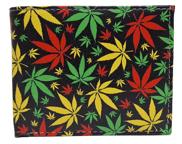 Colorful Pot Leaf Marijuana Weed Leather Bi-Fold Bifold Wallet