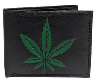 Green Pot Leaf Marijuana Weed Leather Bi-Fold Bifold Wallet