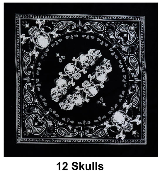 12 Skulls Design Print Cotton Bandana (22 inches x 22 inches)