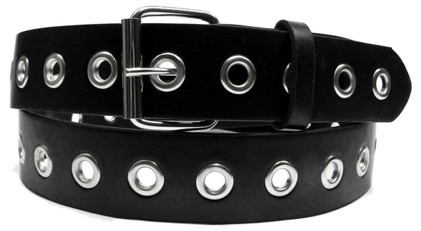 Black 1 Hole Row Silver Grommets Bonded Leather Belt Removable Buckle
