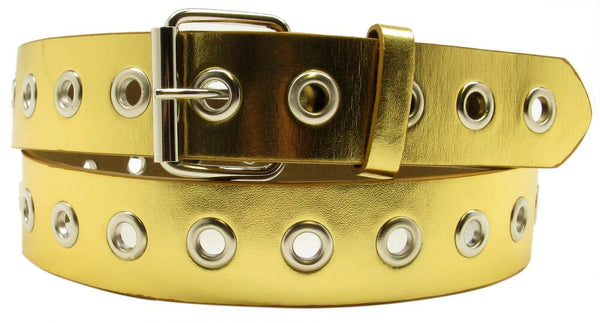Gold 1 Hole Row Silver Grommets Bonded Leather Belt Removable Buckle