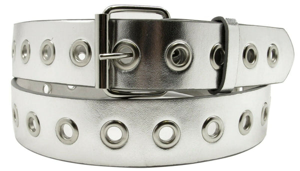 Silver 1 Hole Row Silver Grommets Bonded Leather Belt Removable Buckle