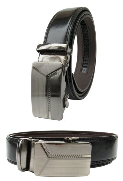 Men Automatic Ratchet Click Lock Silver Belt Buckle Genuine Leather Style VA007