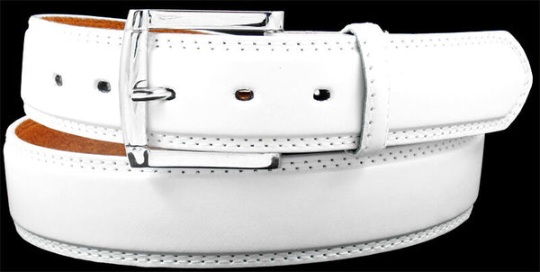 MEN WHITE LEATHER STITCHED BELT with REMOVABLE BUCKLE