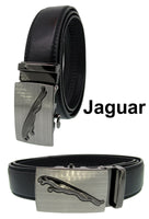 Men Automatic Ratchet Click Lock Black Belt Jaguar Buckle Genuine Leather