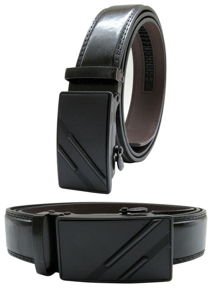 Men Automatic Ratchet Click Lock Black Belt Buckle Genuine Leather Style VA010