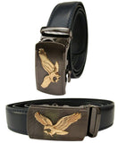 Men Gold Eagle Buckle Navy Genuine Leather Belt Automatic Ratchet Click Lock