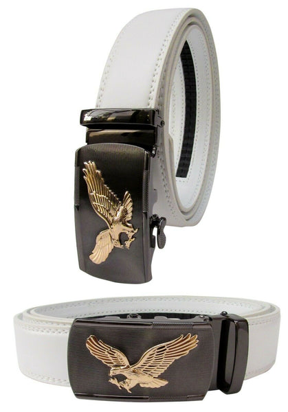 Men Gold Eagle Buckle White Genuine Leather Belt Automatic Ratchet Click Lock