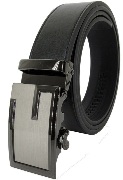 Men Genuine Leather G Design Automatic Ratchet Click Lock Chrome Buckle Belt