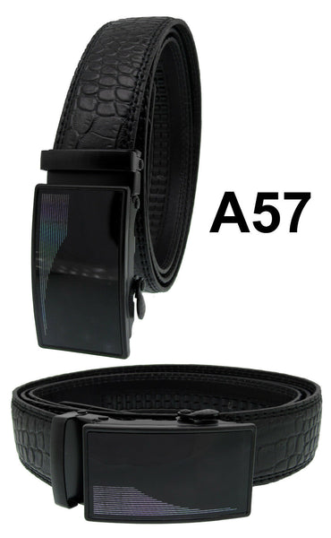 Men Automatic Ratchet Click Lock Black Belt Buckle Genuine Leather Style A57