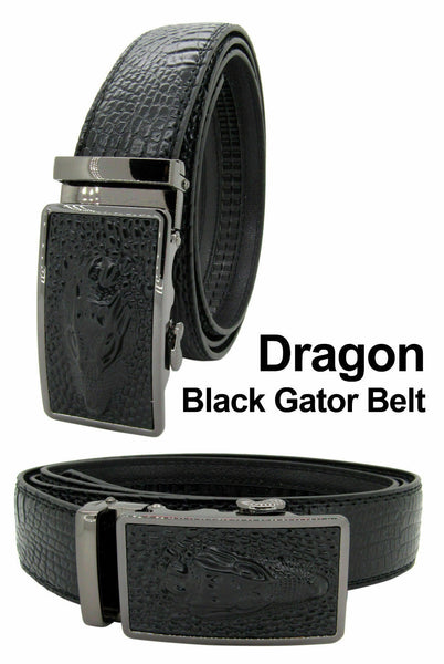 Men Automatic Ratchet Click Lock Dragon Buckle Black Gator Belt Genuine Leather