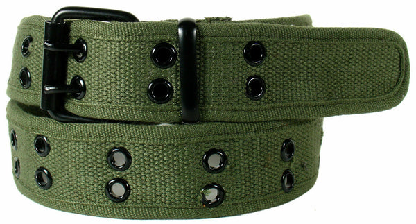 Army Green 2 Holes Row Metal Grommets Stitched Canvas Fabric Web Belt