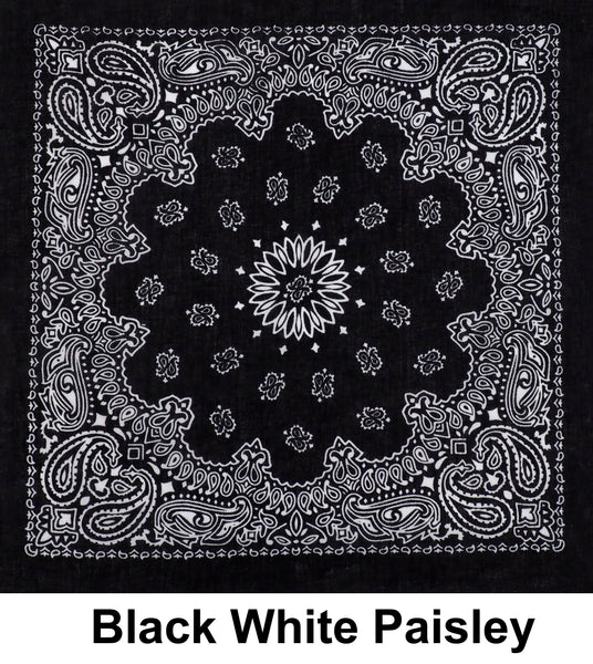 Black White Paisley Design Print Cotton Bandana (22 inches x 22 inches)