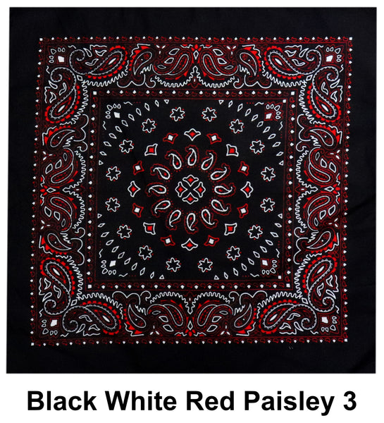 Black White Red Paisley 3 Design Print Cotton Bandana (22 inches x 22 inches)