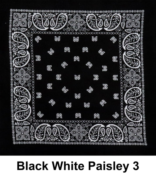 Black White Paisley 3 Print Designs Cotton Bandana (22 inches x 22 inches)