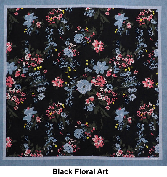 Black Floral Art Print Designs Cotton Bandana (22 inches x 22 inches)