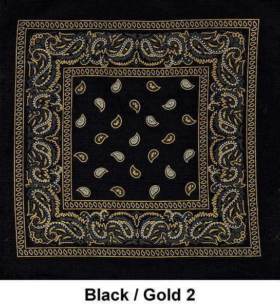 Black Paisley with Gold Accent Design Print Cotton Bandana (22 inches x 22 inches)
