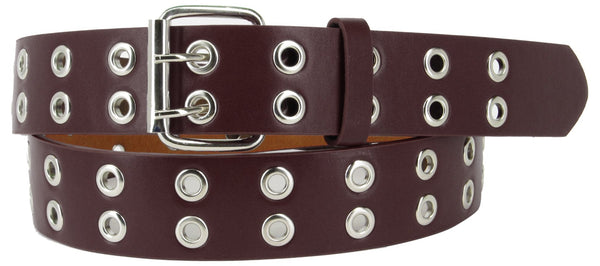 Brown 2 Holes Row Silver Grommets Bonded Leather Belt Removable Buckle