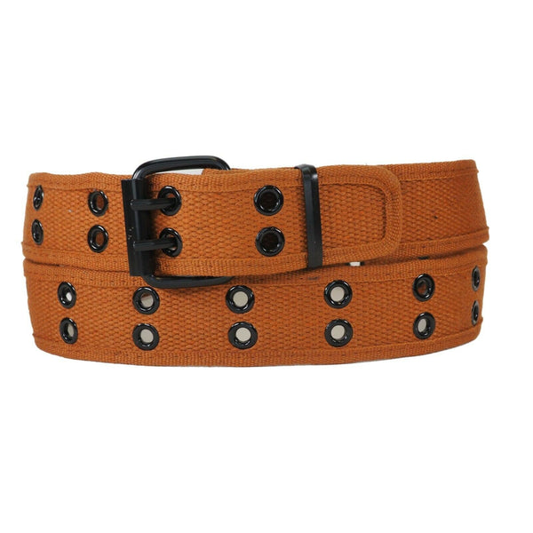 Brown 2 Holes Row Metal Grommets Stitched Canvas Fabric Web Belt