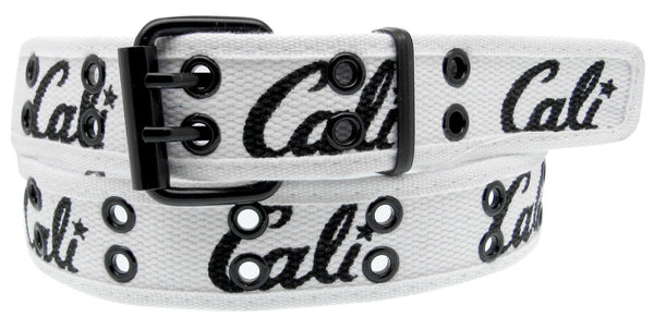 Cali White 2 Holes Row Metal Grommet Stitched Canvas Fabric Military Web Belt