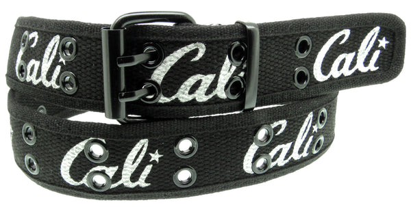 Cali Black 2 Holes Row Metal Grommet Stitched Canvas Fabric Web Belt