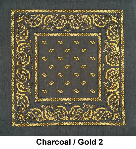 Charcoal with Gold Accent 2 Paisley Design Print Cotton Bandana