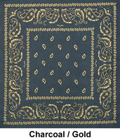 Charcoal with Gold Accent Paisley Design Print Cotton Bandana (22 inches x 22 inches)