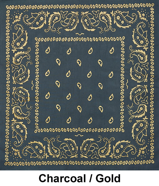 Charcoal with Gold Accent Paisley Design Print Cotton Bandana