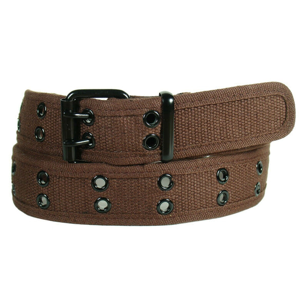 Dark Brown 2 Holes Row Metal Grommet Stitched Canvas Fabric Military Web Belt