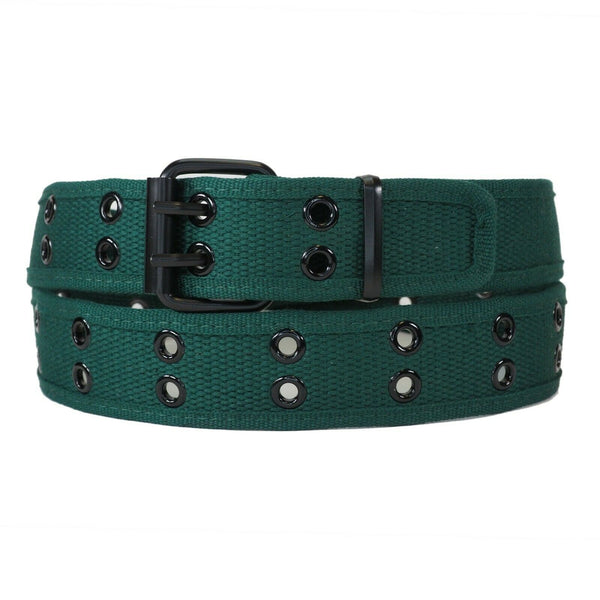 Dark Green 2 Holes Row Metal Grommet Stitched Canvas Fabric Military Web Belt