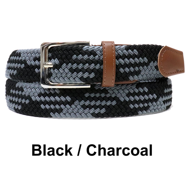 Black Charcoal Basket Weave Nylon Woven Elastic Stretch Belt with Belt Buckle