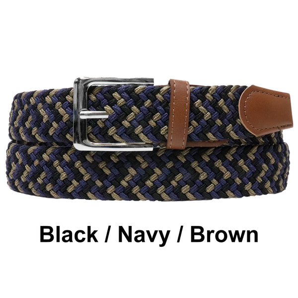 Black Navy Brown Basket Weave Nylon Woven Elastic Stretch Belt with Belt Buckle