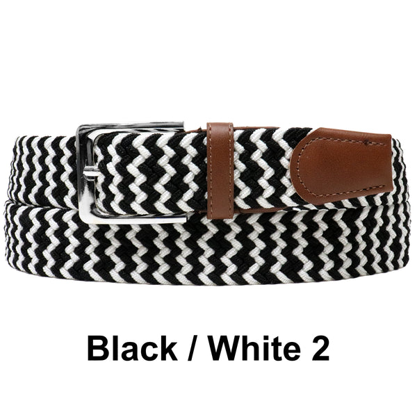 Black White 2 Basket Weave Nylon Woven Elastic Stretch Belt with Belt Buckle