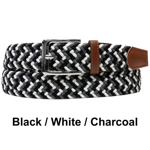 Black White Charcoal Basket Weave Nylon Woven Elastic Stretch Belt with Belt Buckle