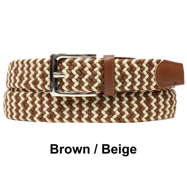 Brown Beige Basket Weave Nylon Woven Elastic Stretch Belt with Belt Buckle