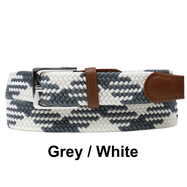 Grey White Basket Weave Nylon Woven Elastic Stretch Belt with Belt Buckle