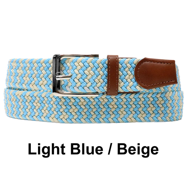 Light Blue Beige Basket Weave Nylon Woven Elastic Stretch Belt with Belt Buckle