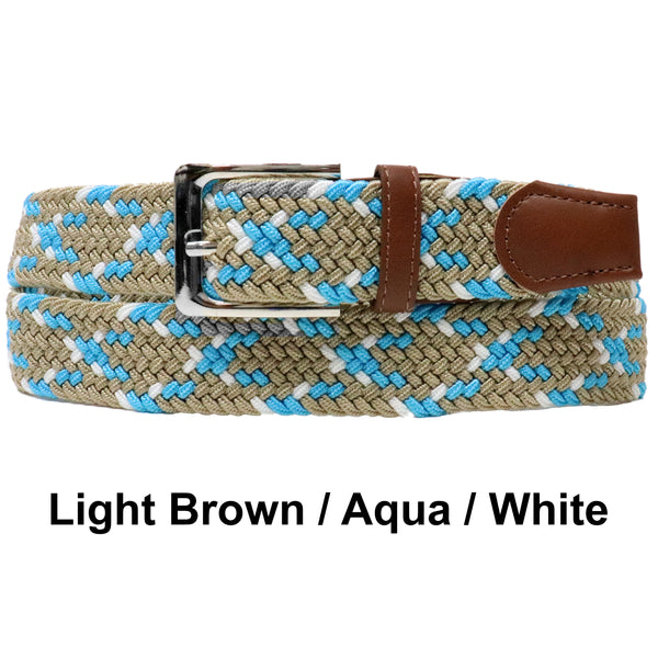 Light Brown Aqua White Basket Weave Nylon Woven Elastic Stretch Belt with Belt Buckle