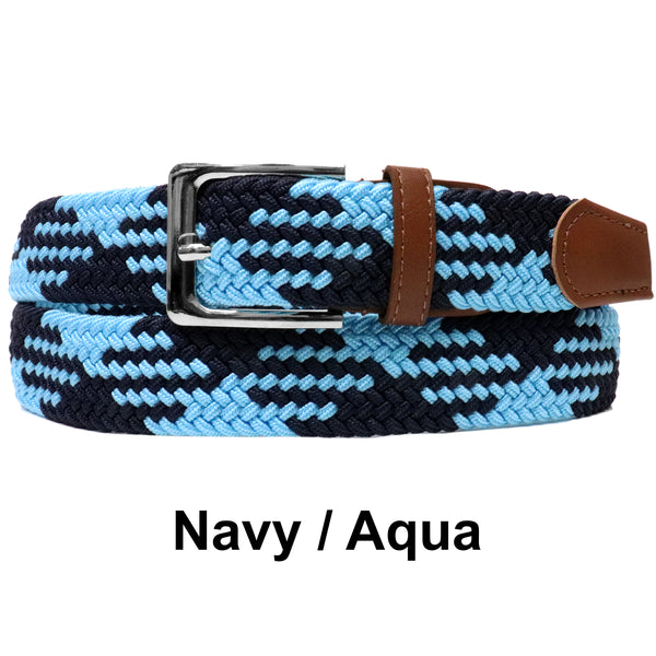Navy Aqua Basket Weave Nylon Woven Elastic Stretch Belt with Belt Buckle