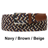 Navy Brown Beige Basket Weave Nylon Woven Elastic Stretch Belt with Belt Buckle